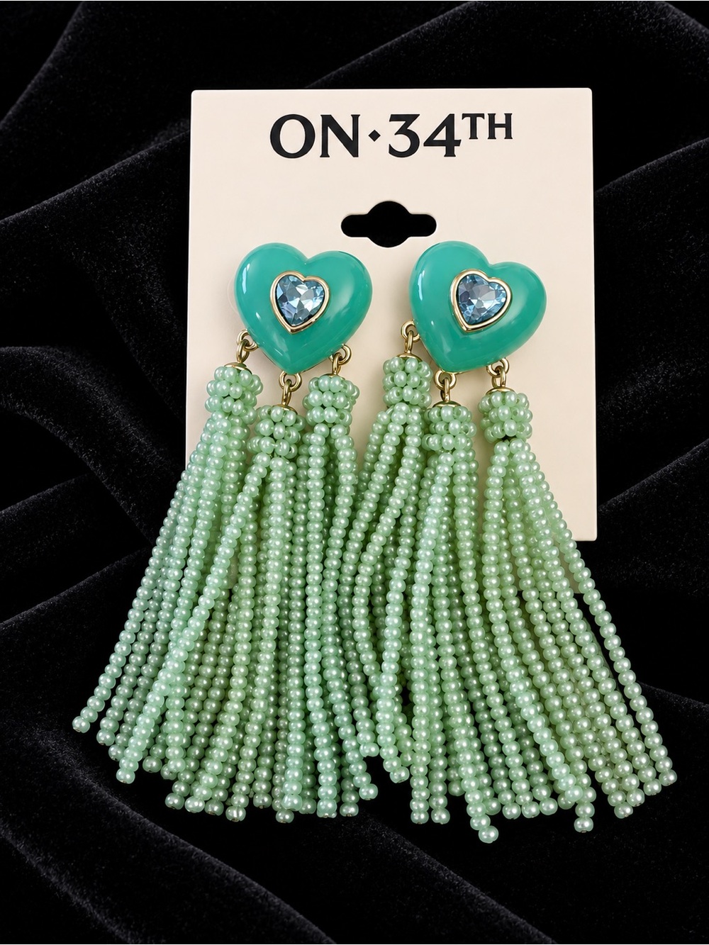 On 34th Green Heart Earrings with Green Beaded Tassels Post Style